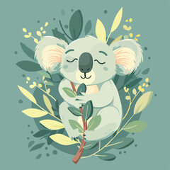 Cute Koala Sleeping Eucalyptus Branch Floral Background Illustration Wildlife Nature Australia Animal Design Cartoon Character Background