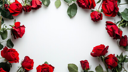 Red roses on left side with copy space on right, white background