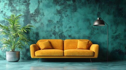 Vector image of a yellow sofa on a green pastel background, modern minimal living room with a plant and floor lamp, ample space for text