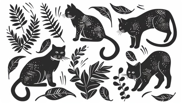 Cats linocut with botanical plant, black silhouette line style. Hand drawn sketch of stylized for print. Ai generative