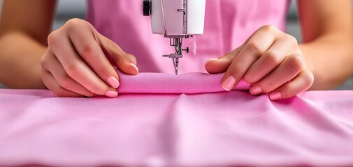 A close-up of hands sewing pink fabric with a sewing machine. Perfect for showcasing textile art or DIY projects. - Powered by Adobe