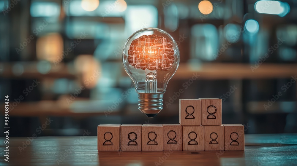 Poster the introduction of ai with the digital brain in a light bulb for ai against a person and innovation