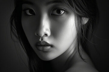 Fototapeta premium A young woman gazes into the camera with an intense expression, her features illuminated softly to enhance her natural beauty