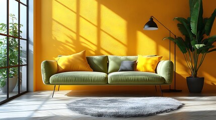 Minimal vector living room scene with a green pastel sofa, yellow background, and a plant and floor lamp, ideal for including text