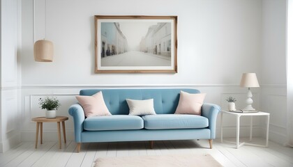 Interior mockup In a white room a blue sofa is placed next to a photo frame on the wall