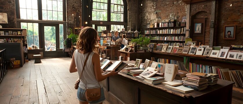 A woman browsing through books in a cozy bookstore filled with natural light and charming decor.