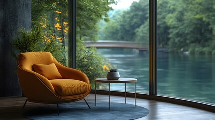 Fototapeta premium Living room corner featuring a small yellow armchair and coffee table, large window with a view of a bridge over a river, no people inside