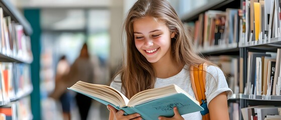 A young girl smiles while reading a book in a library, surrounded by shelves full of literature and knowledge.