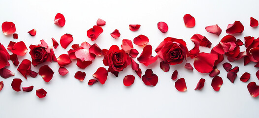 Rose petals randomly scattered on white background