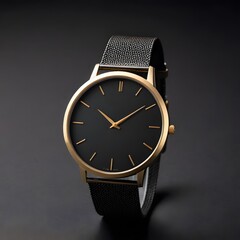 Elegant Gold and Black Wristwatch with a Black Mesh Strap