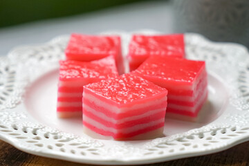 Kuih Lapis, a traditional steamed cake and dessert, made from rice flour, corn flour, wheat flour and coconut milk. Popular for breakfast and tea in Malaysia, Indonesia, Brunei and Singapore.