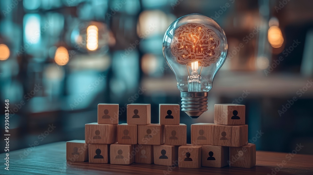 Poster the introduction of ai with the digital brain in a light bulb for ai against a person and innovation