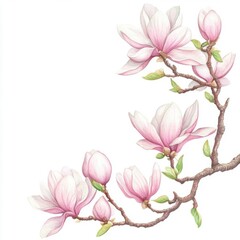 Magnolia Liliifera with soft border, pastel colors, isolated on white background, watercolor on white background, no blur, photo not dark, everything is clear, copy space