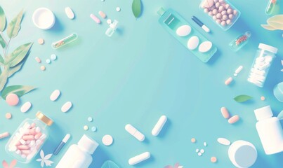 Pills and medical equiupments on light blue banner background