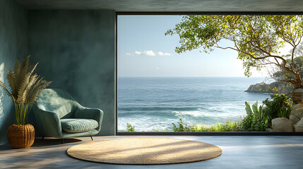 Obraz premium Detail of a living room with a sea view, green pastel armchair and carpet on the left, large window, quiet and serene atmosphere