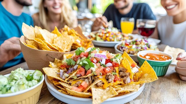 Delicious nachos topped with fresh ingredients, perfect for sharing with friends at a lively gathering.