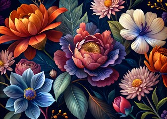 Vibrant Floral Artistry Colorful Petals Exotic Blooms Lush Greenery Nature Inspiration Decorative Design