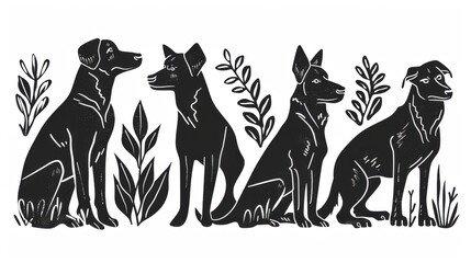 Dogs linocut with botanical plant, black silhouette line style. Hand drawn sketch of stylized for print. Ai generative