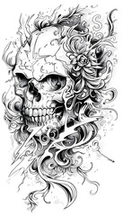 Tribal Skull and Lightning Bolt Tattoo black and white illustration