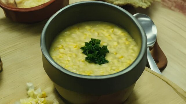  Delicious bowl of creamy corn chowder with a garnish of fresh herbs