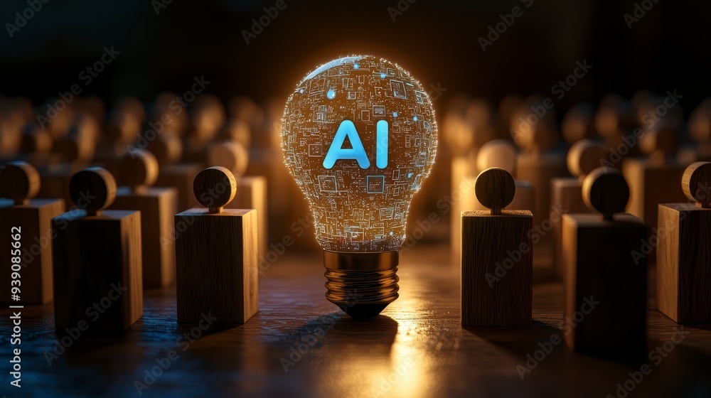 Poster the introduction of ai with the digital brain in a light bulb for ai against a person and innovation