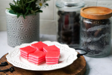 Kuih Lapis, a traditional steamed cake and dessert, made from rice flour, corn flour, wheat flour and coconut milk. Popular for breakfast and tea in Malaysia, Indonesia, Brunei and Singapore.