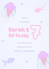 Marine-themed children's birthday party invite. Adorable seventh birthday design with underwater creatures like fish and jellyfish.