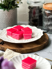 Kuih Lapis, a traditional steamed cake and dessert, made from rice flour, corn flour, wheat flour and coconut milk. Popular for breakfast and tea in Malaysia, Indonesia, Brunei and Singapore.