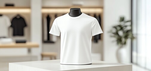 White t-shirt mockup on a mannequin in a clothing store.