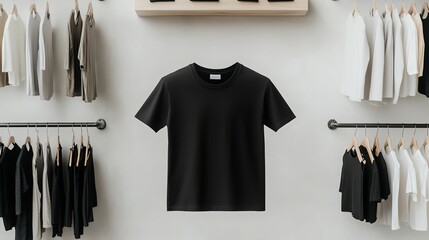 Blank black t-shirt mockup on clothing rack background