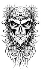 Tribal Skull and Owl Tattoo black and white illustration