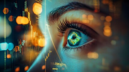 A stock market chart is seen behind an eye, with digital lines and charts moving in the background, representing data technology and financial trading