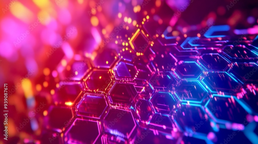 Poster a vibrant and colorful hexagonal pattern glows in neon hues. this digital design evokes a sense of t