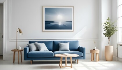 Interior mockup In a white room a blue sofa is placed next to a photo frame on the wall