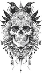 Obraz premium Tribal Skull and Raven Tattoo black and white illustration