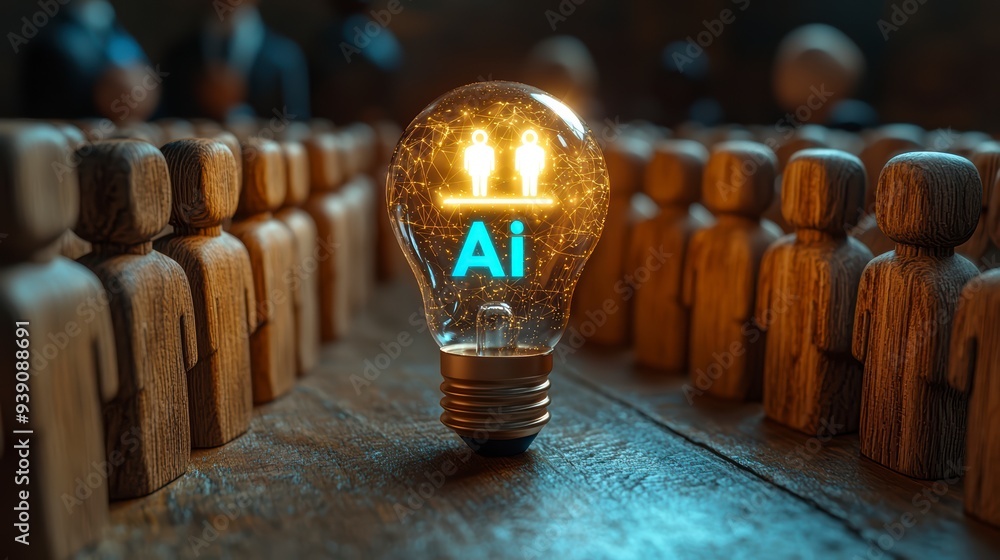 Poster the introduction of ai with the digital brain in a light bulb for ai against a person and innovation