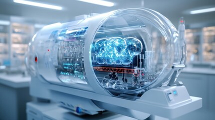 A biotech startup developing new cures, in a futuristic lab,