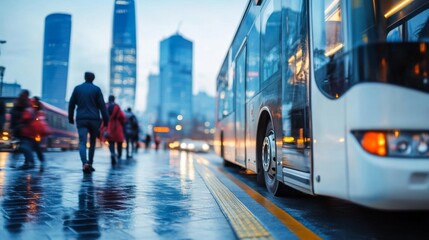 Close-up of a transportation hub with passengers boarding a modern bus and the city skyline in the background