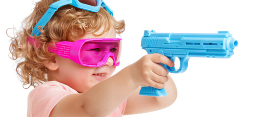 Child engaged in laser tag action, vibrant colors, dynamic pose, playful atmosphere, suitable for promotional material, clear space for text, isolated on white background.