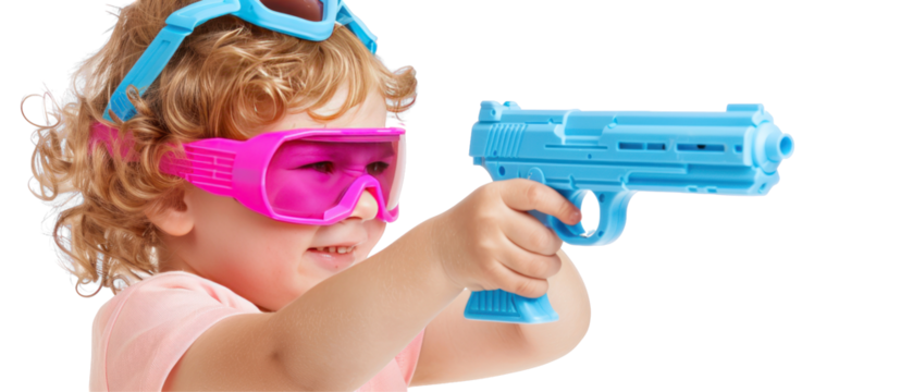 Child engaged in laser tag action, vibrant colors, dynamic pose, playful atmosphere, suitable for promotional material, clear space for text, isolated on white background.