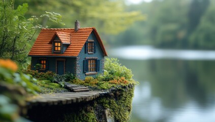 A miniature cottage sits on a small wooden dock over a calm lake in a lush green forest.