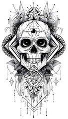 Obraz premium Tribal Skull and Sacred Geometry Tattoo black and white illustration