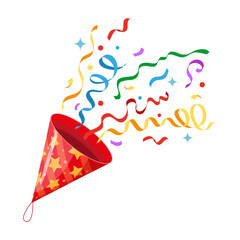 A party popper with confetti blew out. Birthday Party, New Year Happy Holidays, Christmas Design Element Cone Fire Cracker with ribbon, and confetti.