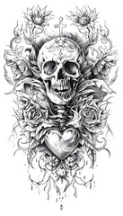 Tribal Skull and Sacred Heart Tattoo black and white illustration