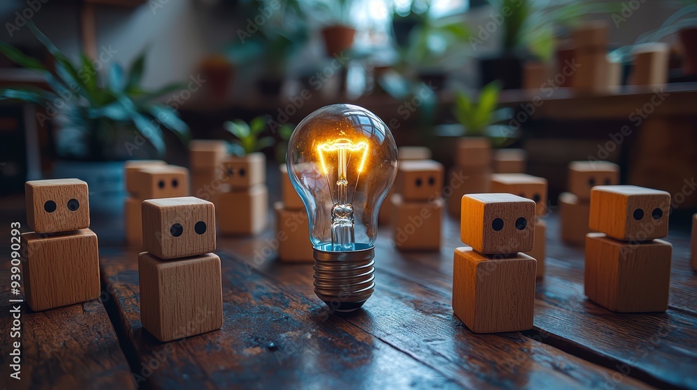 Poster the introduction of ai with the digital brain in a light bulb for ai against a person and innovation