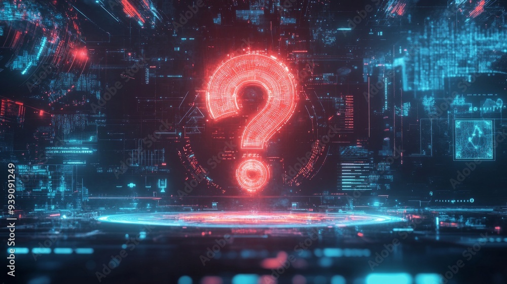Aufkleber a glowing question mark in a digital landscape. bright red with a blue background. perfect for techn