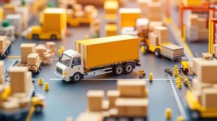 Yellow toy truck and boxes in a miniature warehouse setting, representing logistics and supply chain management.