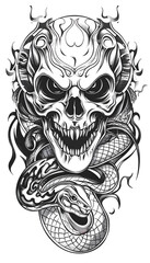 Obraz premium Tribal Skull and Snake Tattoo black and white illustration