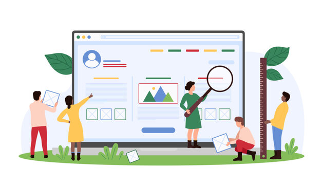 Website design or redesign process, creative interface creation. Tiny people work with magnifying glass and ruler to research and build web page wireframe in editor cartoon vector illustration