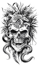 Tribal Skull and Snake Tattoo black and white illustration